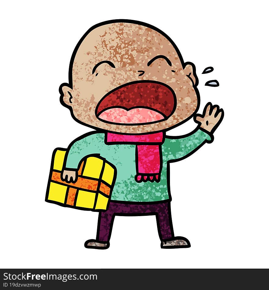 cartoon shouting bald man with present. cartoon shouting bald man with present