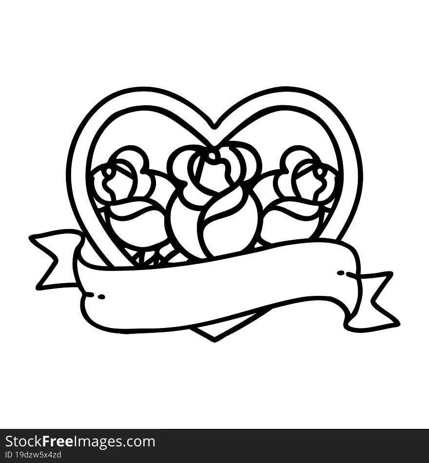 Black Line Tattoo Of A Heart And Banner With Flowers