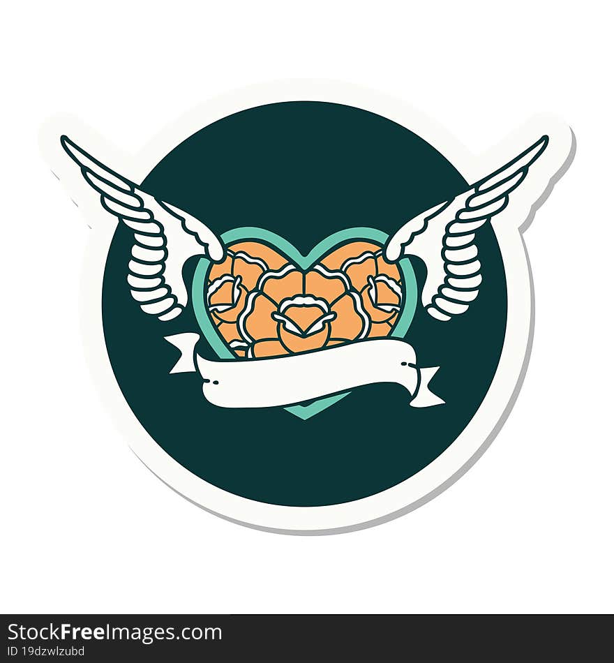 sticker of tattoo in traditional style of a flying heart with flowers and banner. sticker of tattoo in traditional style of a flying heart with flowers and banner