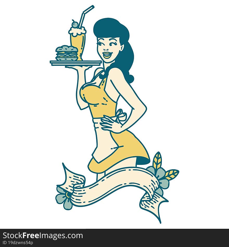 tattoo style icon of a pinup waitress girl with banner