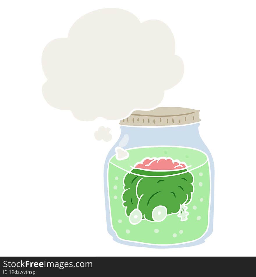 cartoon spooky brain in jar and thought bubble in retro style