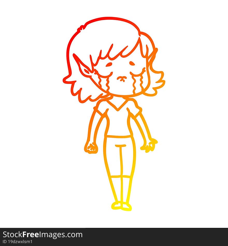 warm gradient line drawing of a crying cartoon elf girl