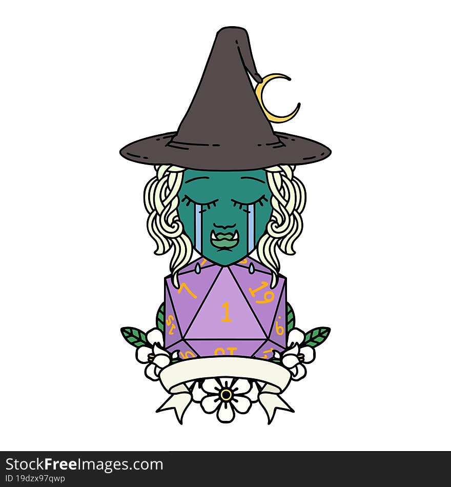 crying half orc witch character with natural one roll illustration