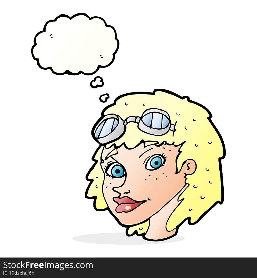 cartoon happy woman wearing aviator goggles with thought bubble