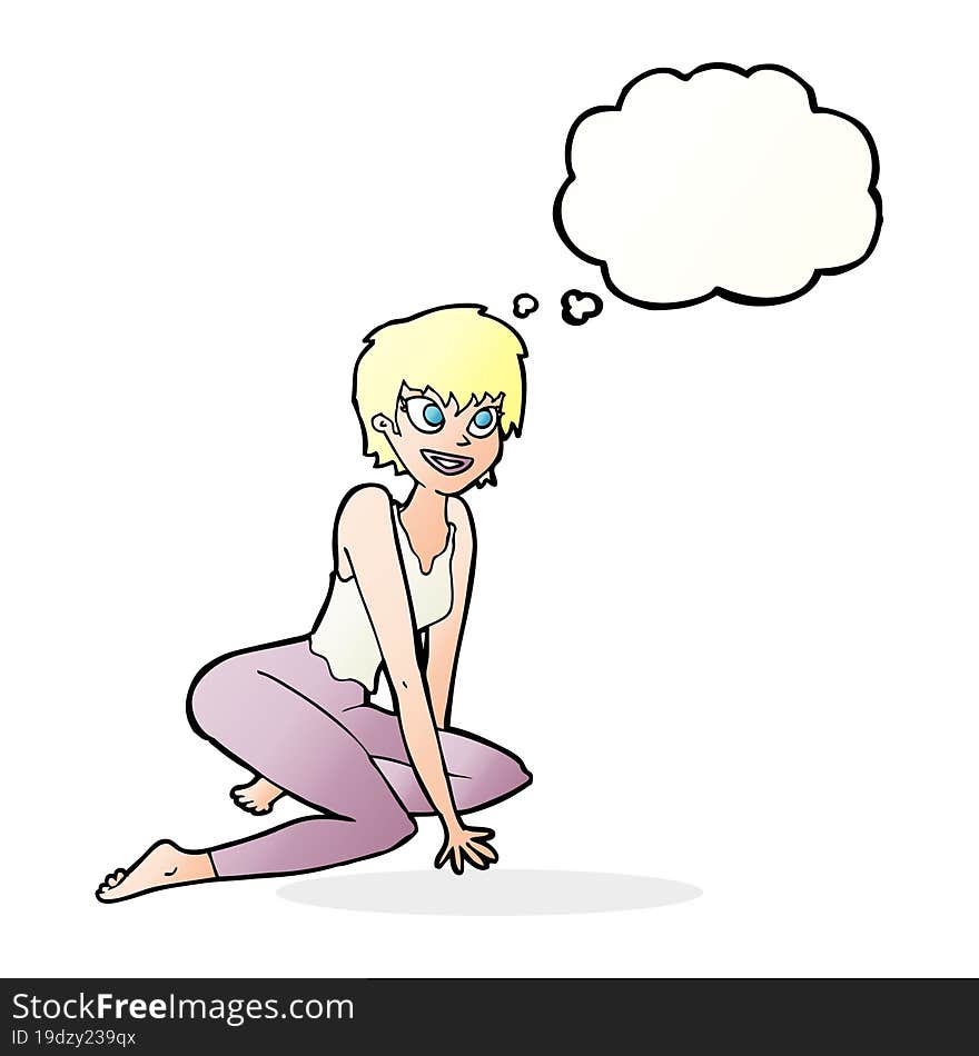 cartoon happy woman sitting on floor with thought bubble