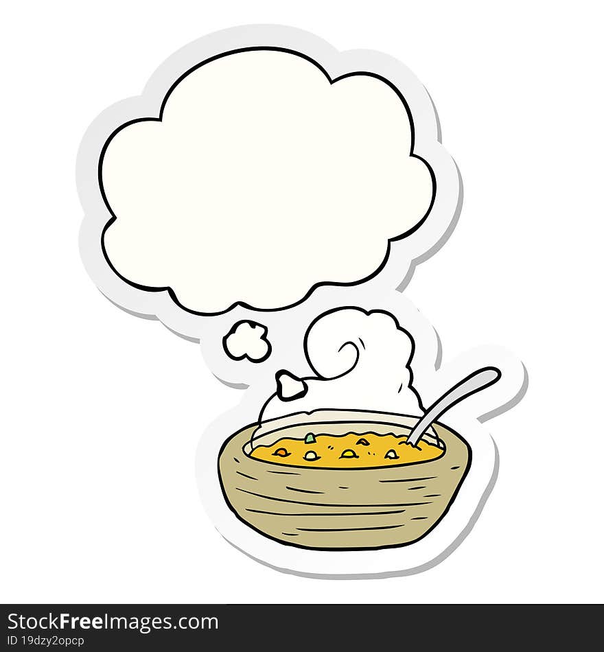 cartoon bowl of hot soup and thought bubble as a printed sticker