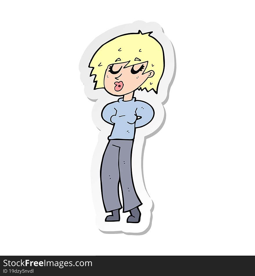 sticker of a cartoon woman whistling