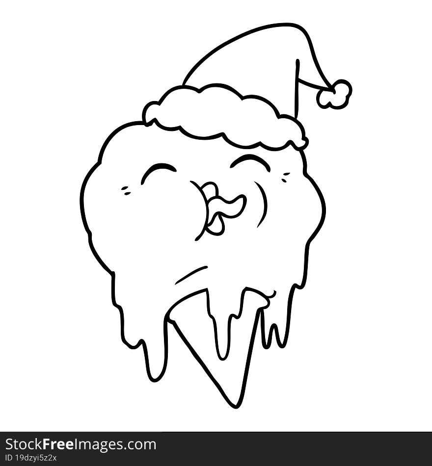 line drawing of a melting ice cream wearing santa hat