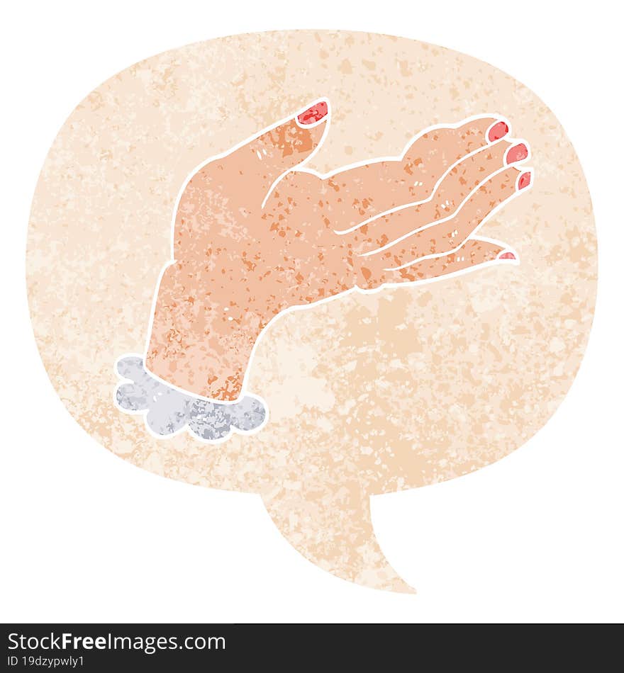 cartoon hand and speech bubble in retro textured style