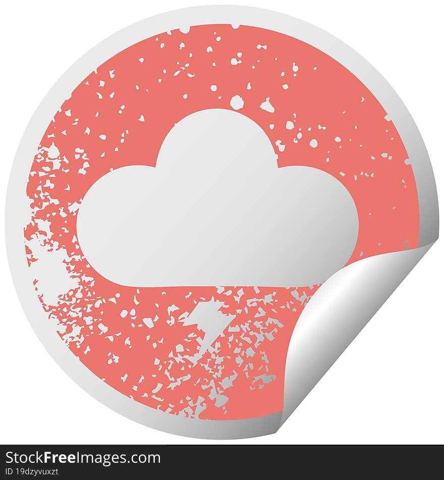 distressed circular peeling sticker symbol thunder cloud