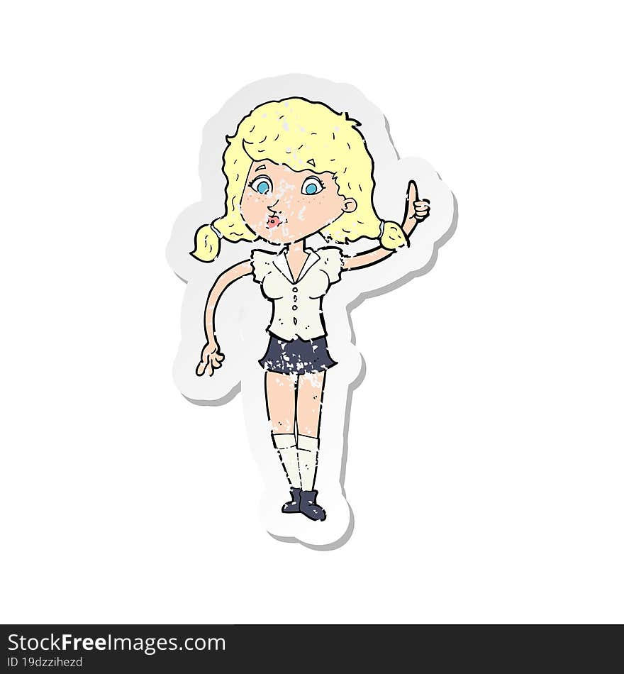 Retro Distressed Sticker Of A Cartoon Pretty Woman With Idea