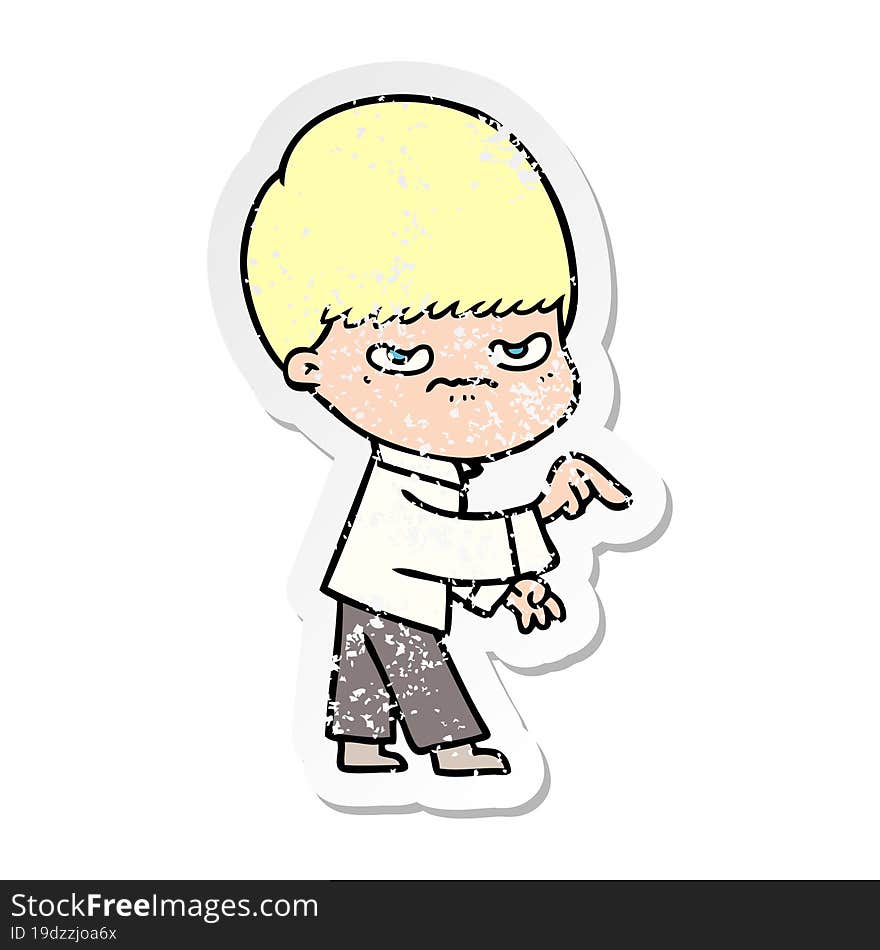 distressed sticker of a annoyed cartoon boy