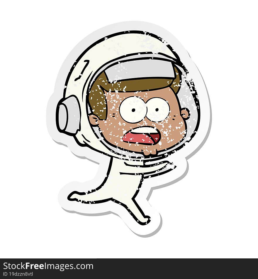 distressed sticker of a cartoon surprised astronaut