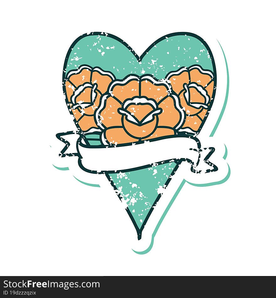 iconic distressed sticker tattoo style image of a heart and banner with flowers. iconic distressed sticker tattoo style image of a heart and banner with flowers