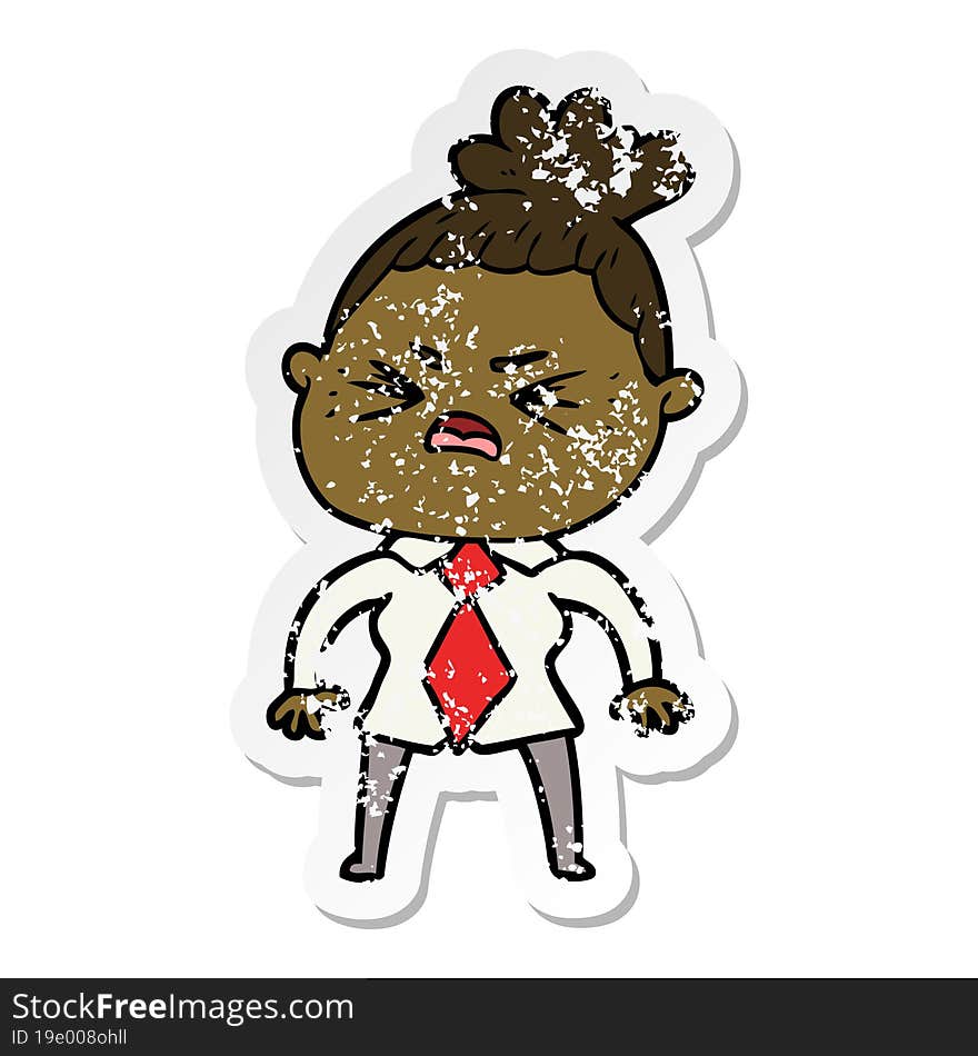 distressed sticker of a cartoon angry woman