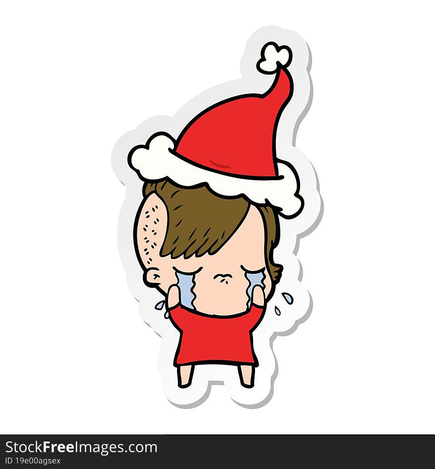 sticker cartoon of a crying girl wearing santa hat