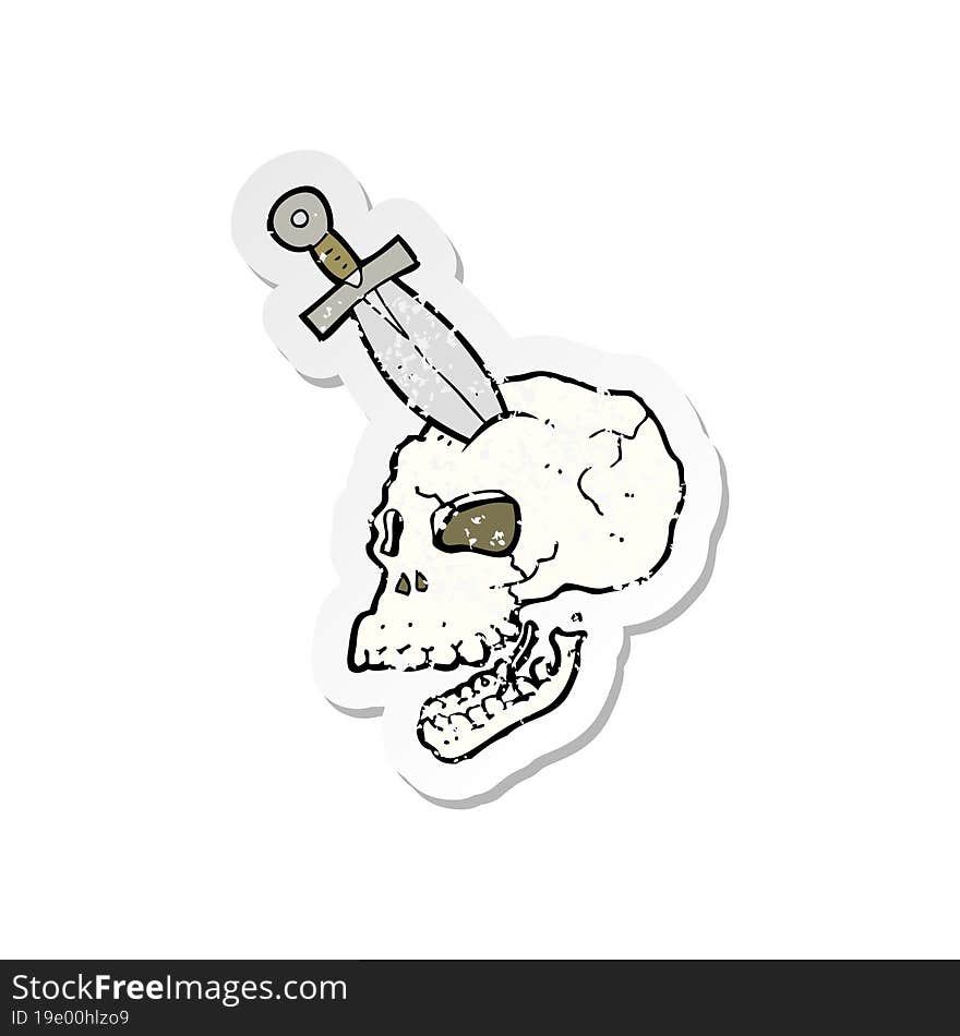 Retro Distressed Sticker Of A Cartoon Dagger Stuck In Skull