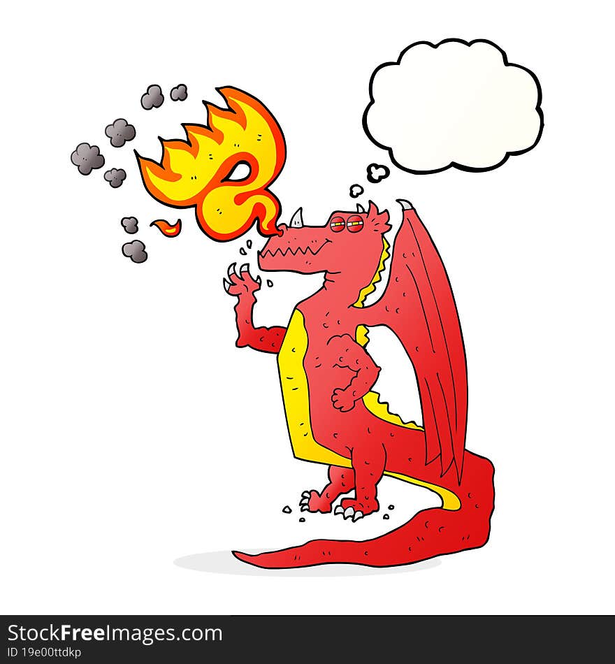 freehand drawn thought bubble cartoon happy dragon breathing fire