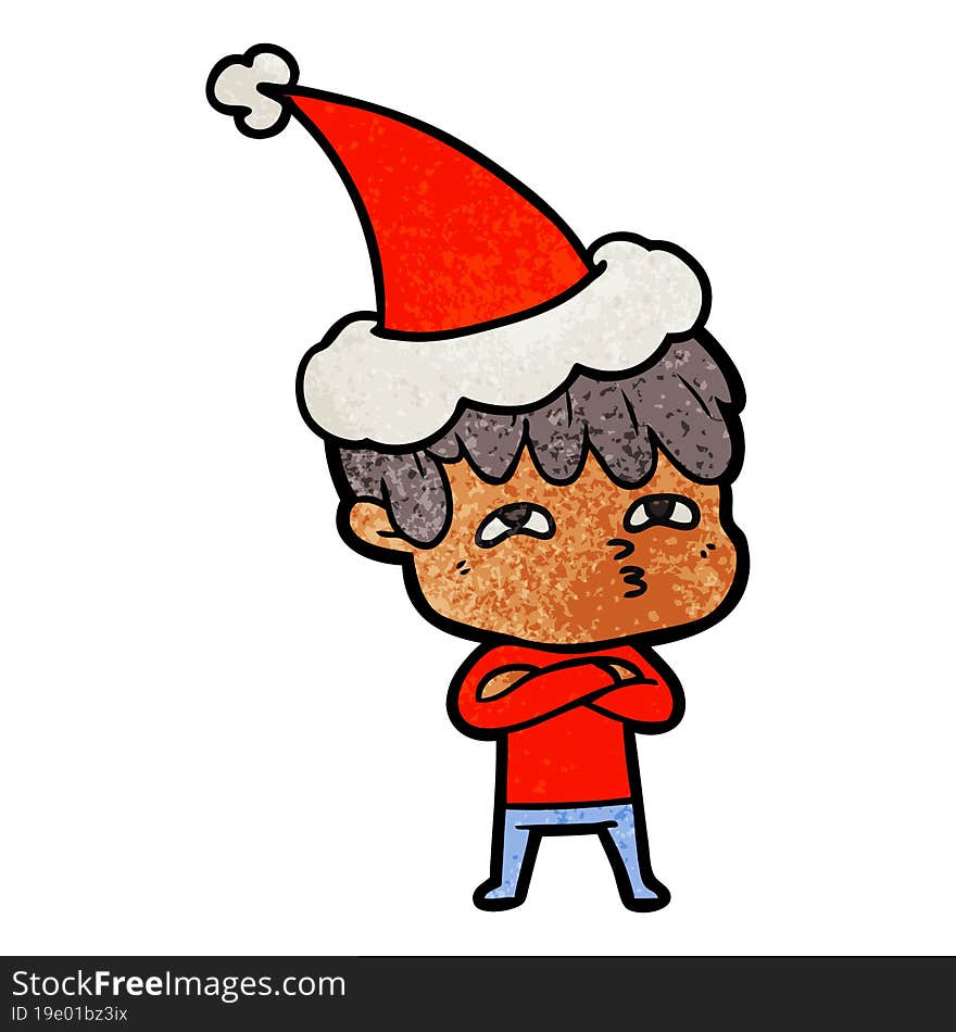 textured cartoon of a curious man wearing santa hat