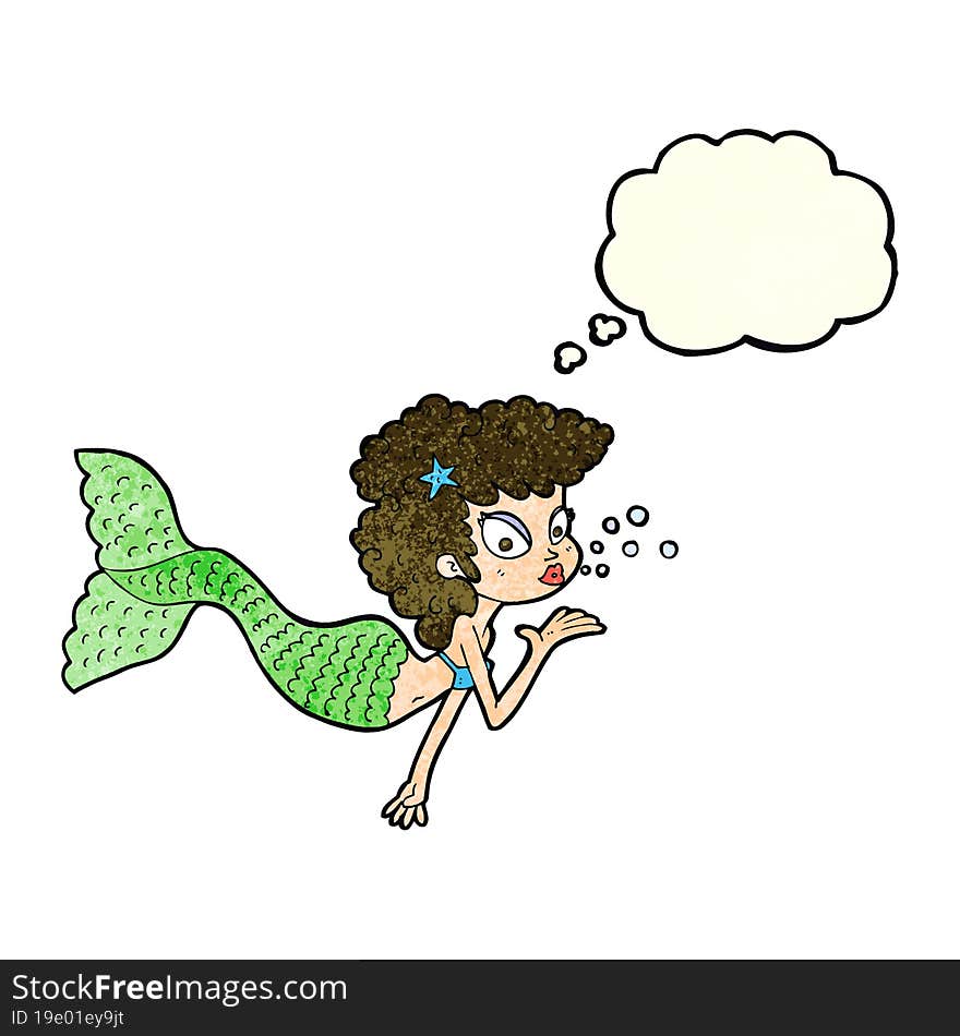 cartoon mermaid blowing kiss with thought bubble