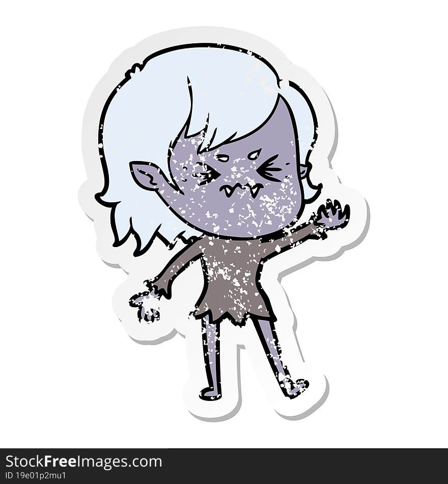 distressed sticker of a annoyed cartoon vampire girl