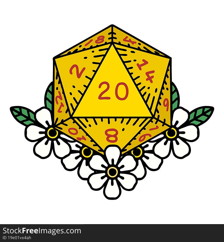 Retro Tattoo Style natural 20 D20 dice roll with floral elements. Retro Tattoo Style natural 20 D20 dice roll with floral elements