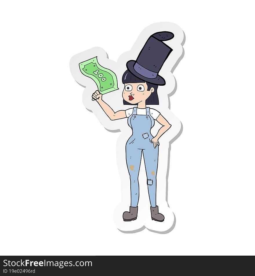 Sticker Of A Cartoon Woman Holding On To Money