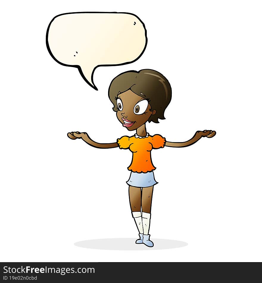 cartoon woman with arms spread wide with speech bubble