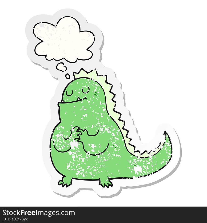 cartoon dinosaur and thought bubble as a distressed worn sticker