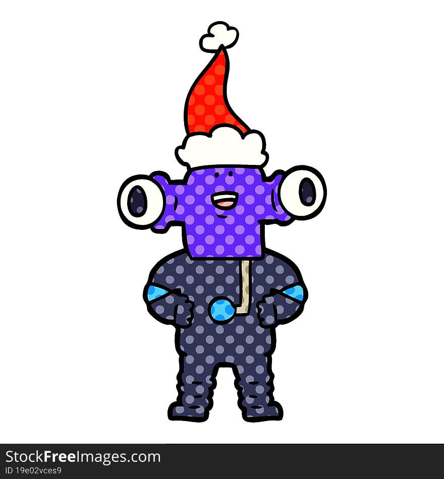 friendly comic book style illustration of a alien wearing santa hat