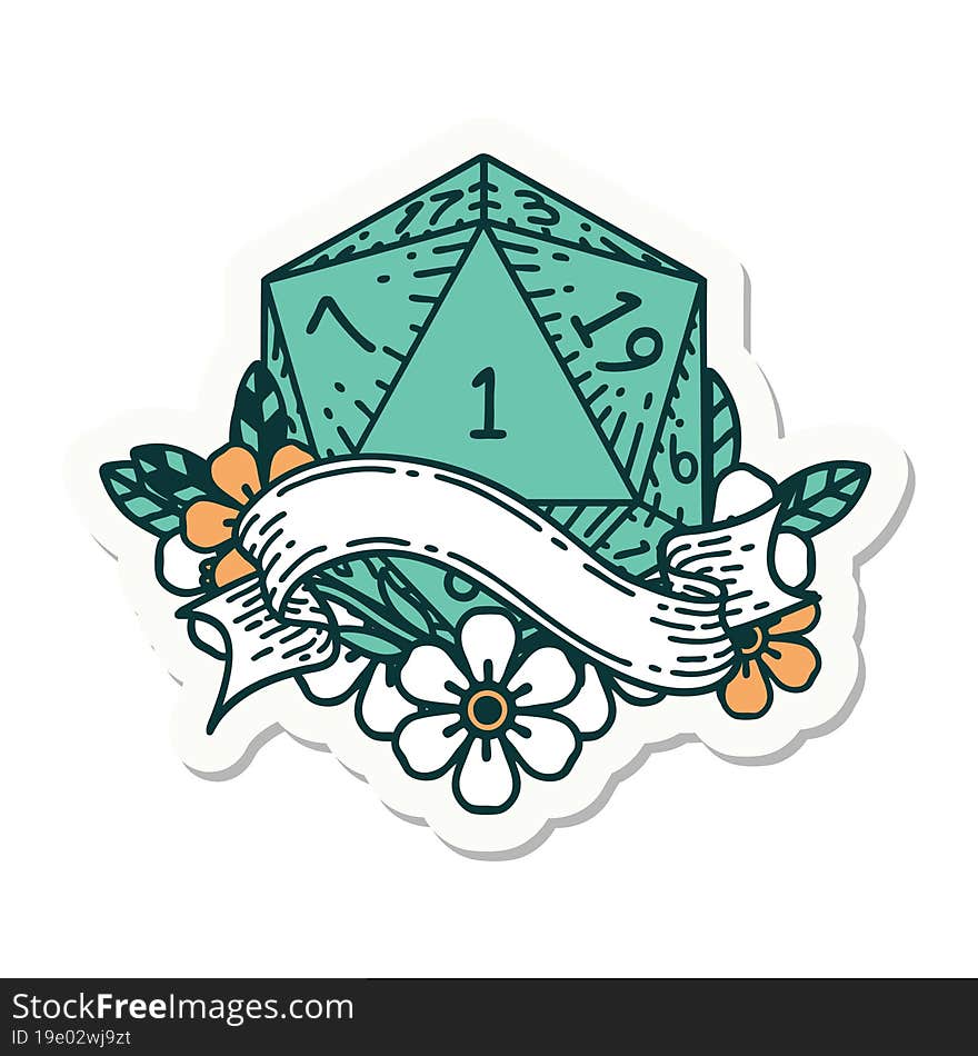 sticker of a natural one d20 dice roll. sticker of a natural one d20 dice roll