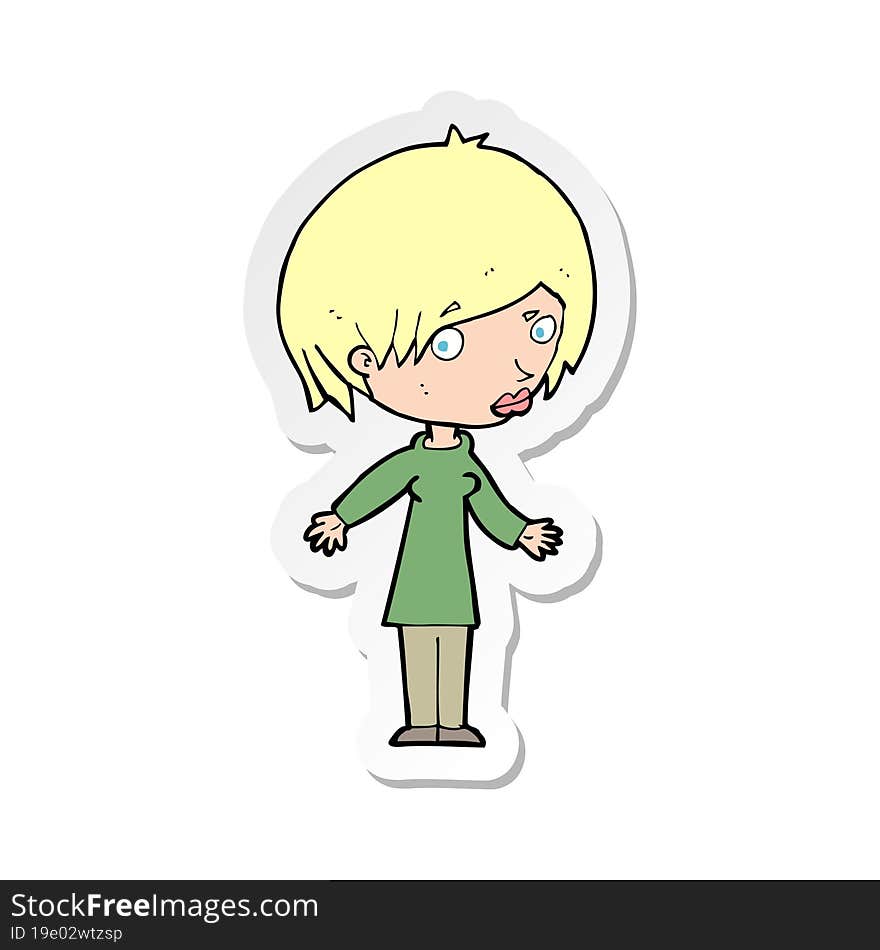 sticker of a cartoon woman shrugging shoulders