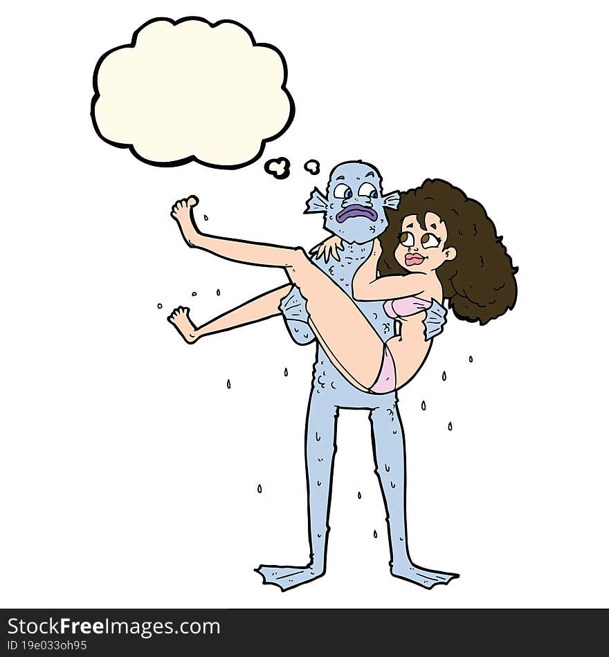 Cartoon Swamp Monster Carrying Woman In Bikini With Thought Bubble