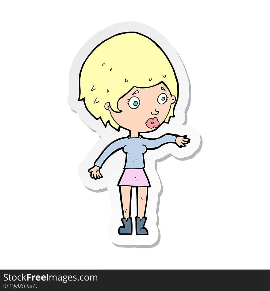 sticker of a cartoon concerned woman reaching out
