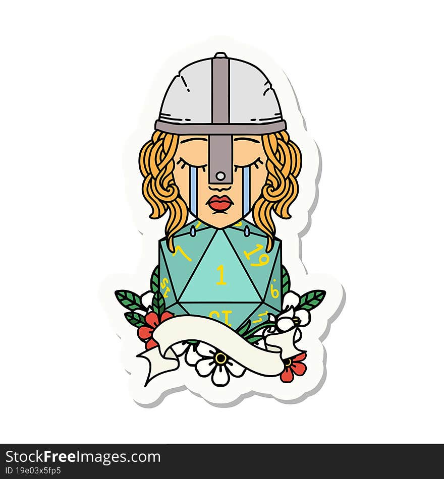 sticker of a crying human fighter with natural one D20 roll. sticker of a crying human fighter with natural one D20 roll