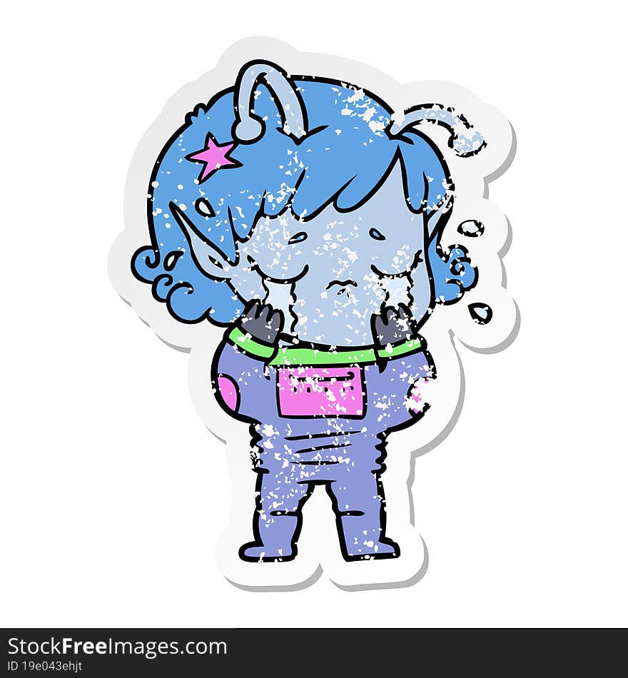 distressed sticker of a cartoon crying alien girl