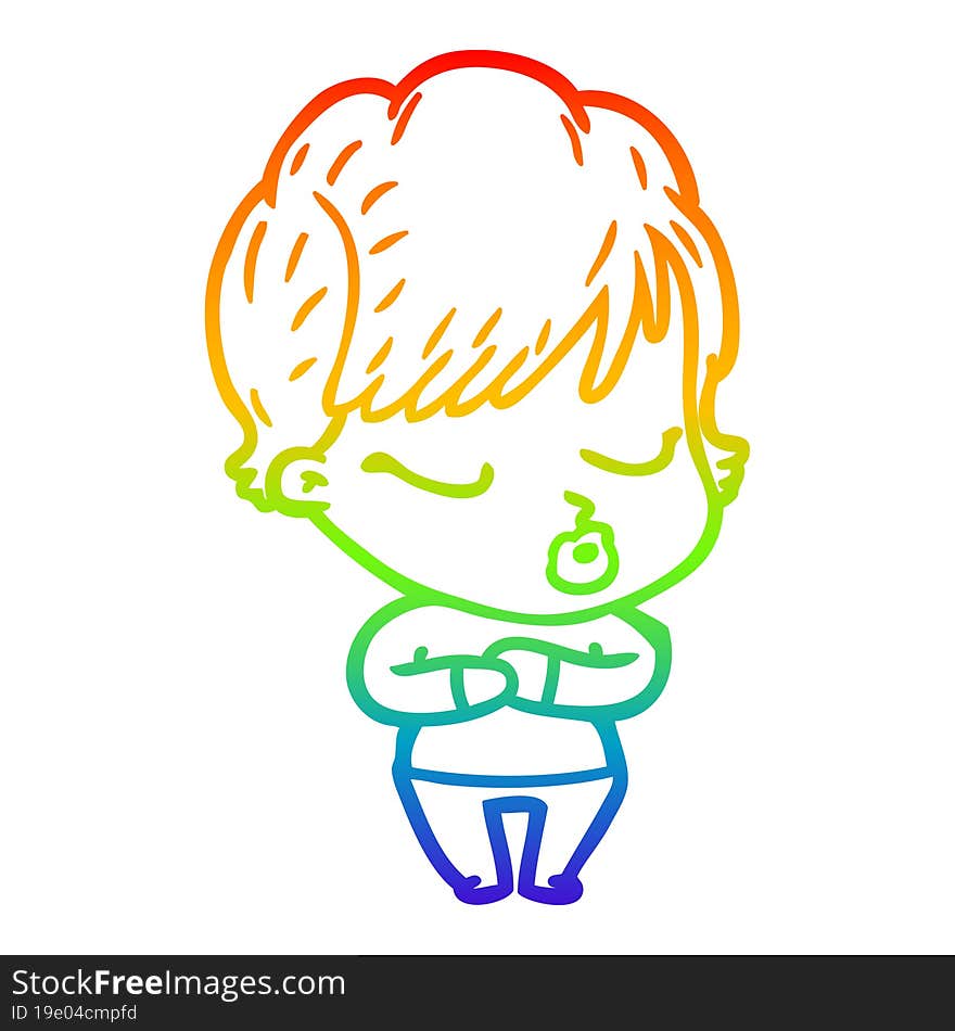 Rainbow Gradient Line Drawing Cartoon Woman With Eyes Shut