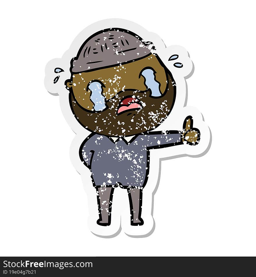 distressed sticker of a cartoon bearded man crying