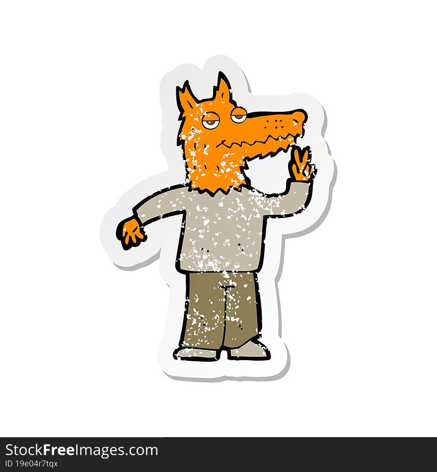 retro distressed sticker of a cartoon happy fox man