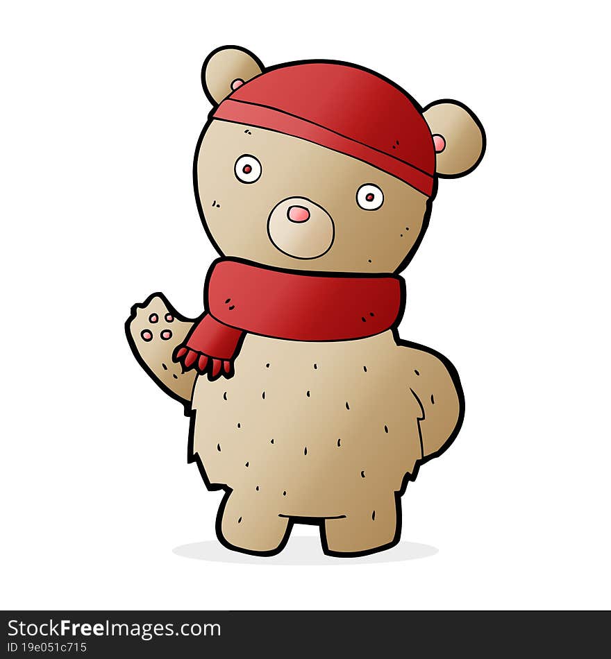 cartoon teddy bear in winter hat and scarf