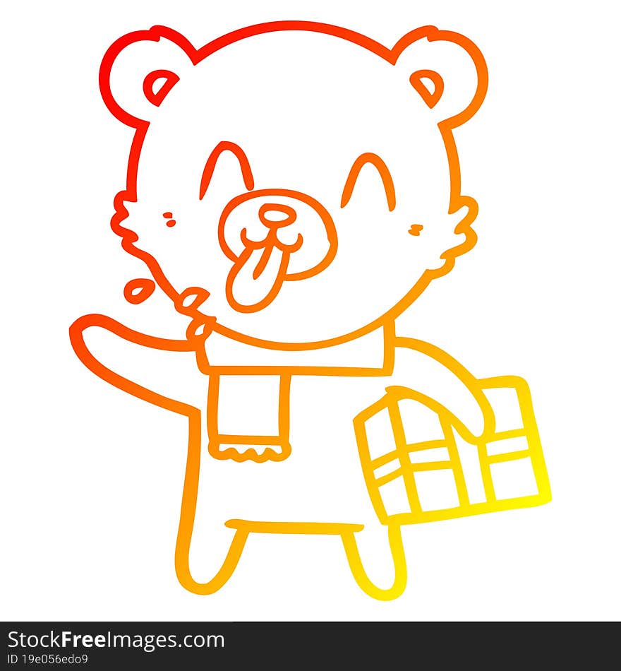 warm gradient line drawing rude cartoon bear with present