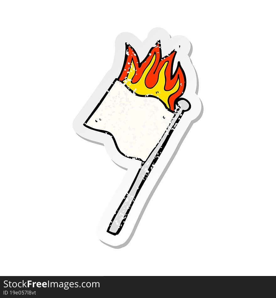 retro distressed sticker of a cartoon burning white flag