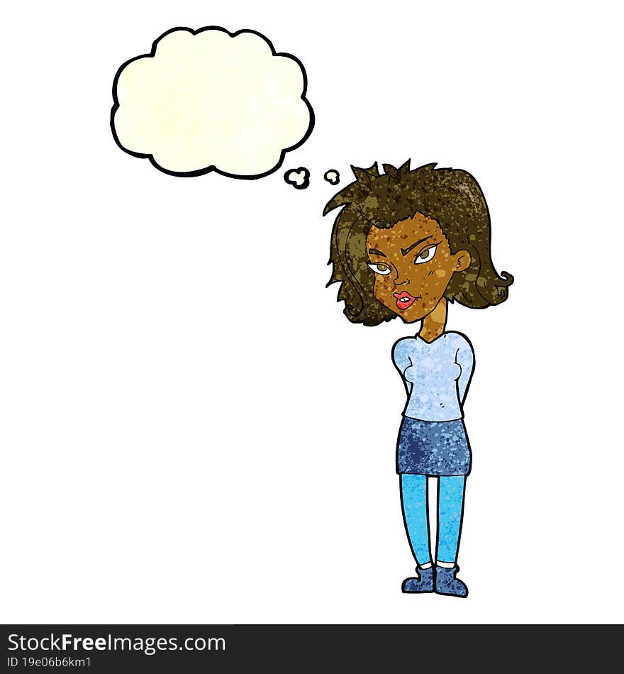 cartoon woman with thought bubble