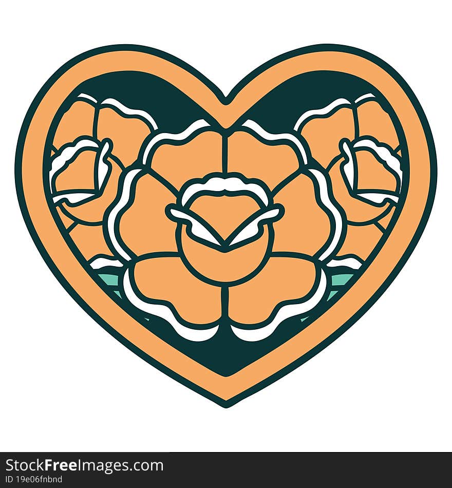 iconic tattoo style image of a heart and flowers. iconic tattoo style image of a heart and flowers