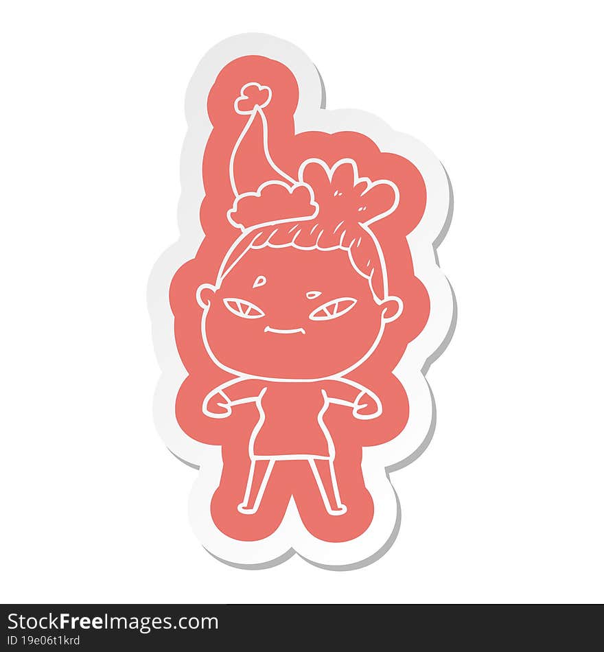 quirky cartoon  sticker of a woman wearing santa hat