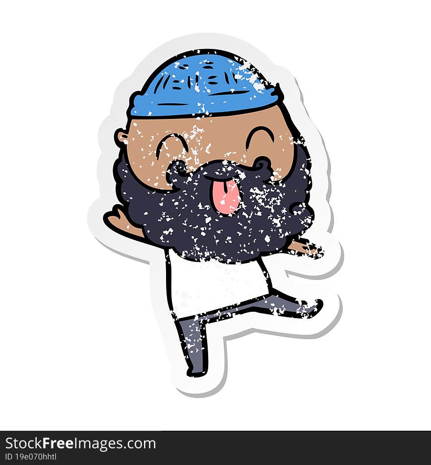 distressed sticker of a dancing man with beard sticking out tongue