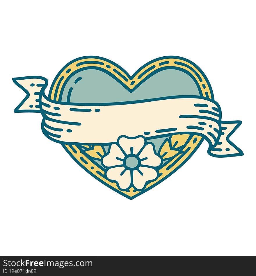 iconic tattoo style image of a heart and banner with flowers. iconic tattoo style image of a heart and banner with flowers