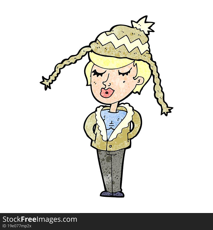 cartoon woman wearing winter hat