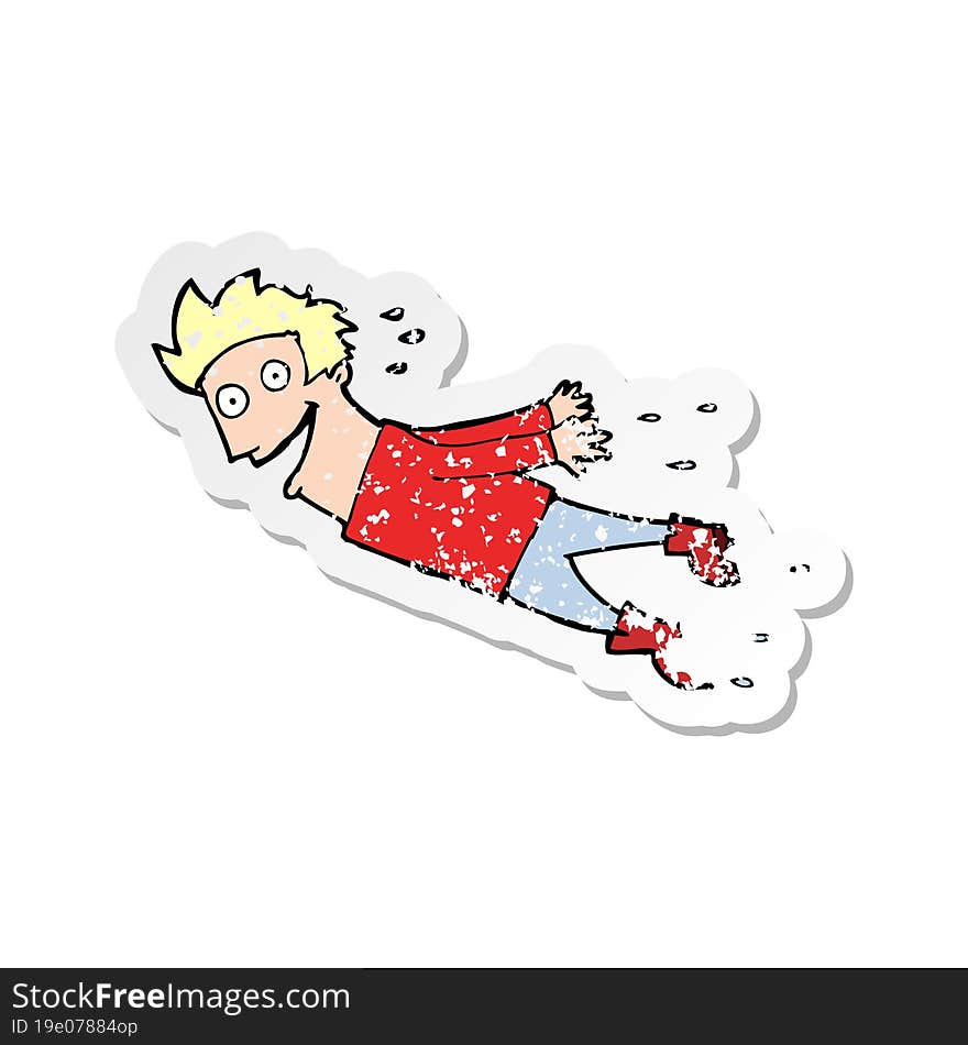 retro distressed sticker of a cartoon drenched man flying