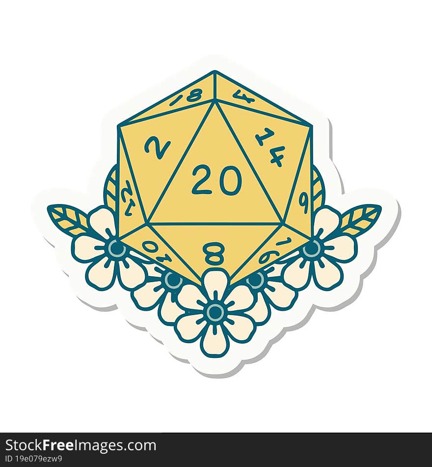 sticker of a natural 20 D20 dice roll with floral elements. sticker of a natural 20 D20 dice roll with floral elements